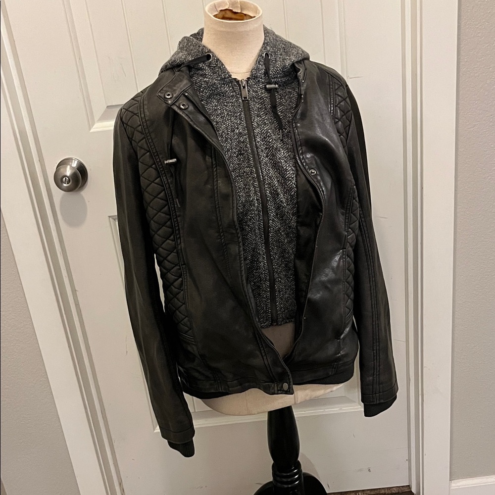 Black Leather Jacket with Gray Hoodie
